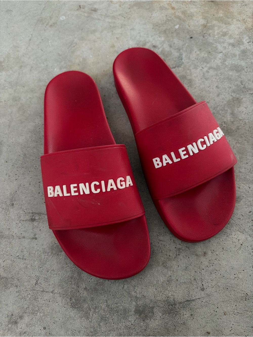 POOL MEN Balenciaga Red Slide Sandals with White Logo - Picture 1 of 4
